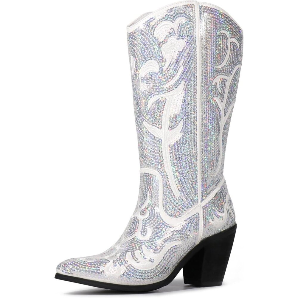 ⚡Women's Silver Sequin Mid Calf Western Cowboy Boots Wide Calf High Fashion